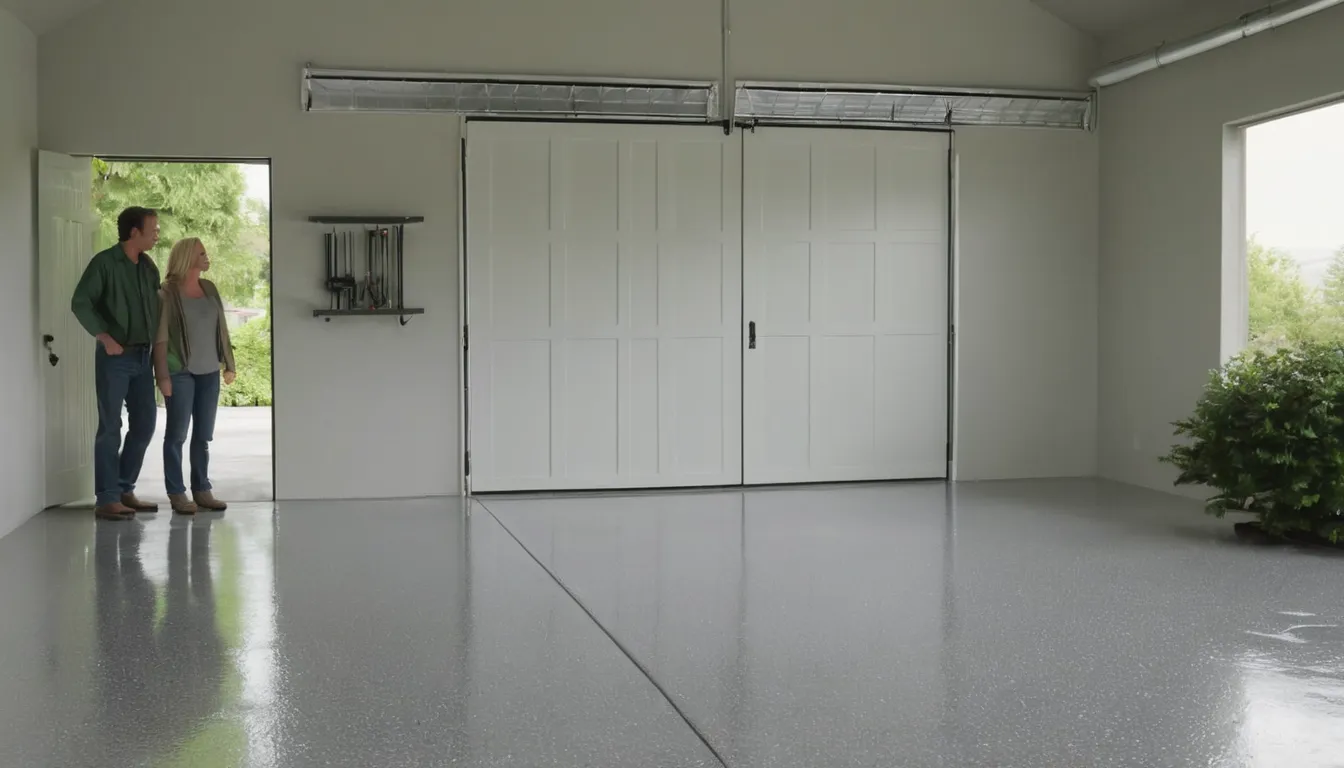 Clean epoxy garage floor with light gray flakes in a Snoqualmie home, with a car parked outside on the driveway